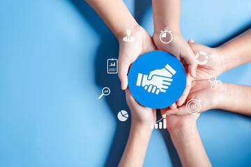Aufkleber - Business hands holding handshake icon, creative and set up business objective target goal, marketing solution, target for business investment.