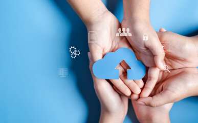 Poster - Cloud computing diagram digital technology, business people on Cloud system. Data storage. Networking and internet service. online data management system, information system for business.