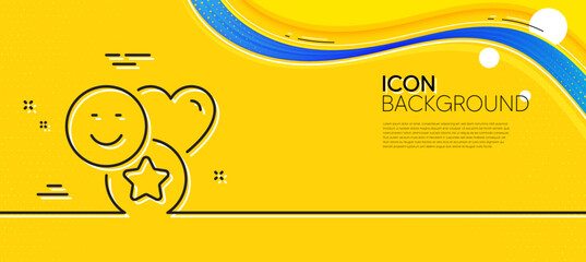 Poster - Social media likes line icon. Abstract yellow background. Heart, star sign. Positive smile feedback symbol. Minimal smile line icon. Wave banner concept. Vector