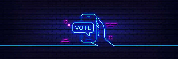 Poster - Neon light glow effect. Online voting line icon. Internet vote sign. Web election symbol. 3d line neon glow icon. Brick wall banner. Online voting outline. Vector