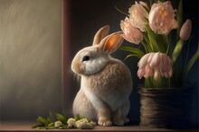 Fluffy Rabbit With Spring Flowers In A Basket On A Dark Background .Easter Illustration With Copyspace.AI Generated.
