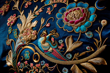 Wonderful embroidered imperial chinese silk fabric with rich golden stumpwork and royal ornaments