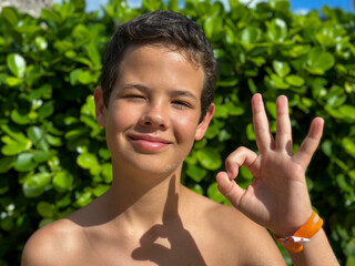 Poster - Young boy is enjoying at summer showing okay sign, close up portrait