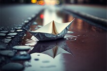 A Paper Boat Floating On Top Of A Puddle Of Water On A Street Side Walk At Night With A Street Light In The Background And A Puddle Of Water Reflecting Off The Ground, With.
