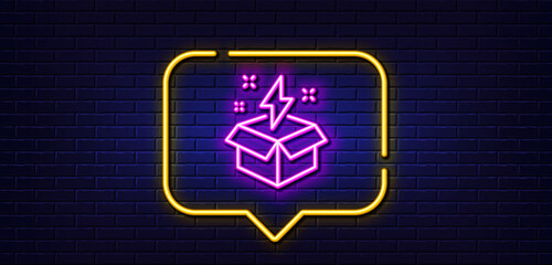 Poster - Neon light speech bubble. Out of the box line icon. Creativity sign. Gift box with lightning bolt symbol. Neon light background. Creative idea glow line. Brick wall banner. Vector