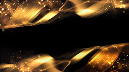 Poster - Shiny golden moving lines with glitter effect on dark background. Luxury golden wavy satin in 3d illustration on bokeh background. Sparkling cover design template with abstract blurred Background.