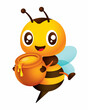 Cute bee carrying honey pot with fresh nature honey dripping out from pot cartoon character illustration	