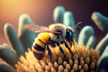 Macro Photograph Of A Pollinator Bee Collecting Pollen From A Flower - AI Generated