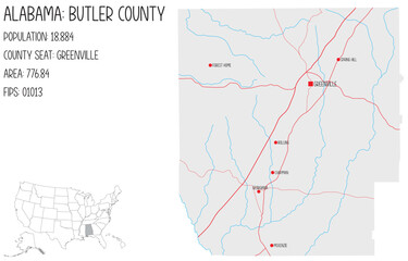  Large and detailed map of Butler county in Alabama, USA.