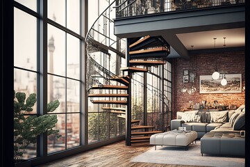 Poster - a living room with a spiral staircase and a couch in it, and a large window with a view of the city outside the room, and a couch and a coffee table with a.