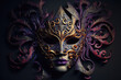Venetian carnival mask. Gold color, colored feathers. Happy carnival festival, party. Woman face mask on dark background.