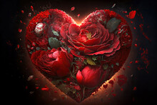 Heart Of Flowers Valentines Day. Gift In Shape Of Heart Made Of Red Rose Flowers, Symbol Of Love.