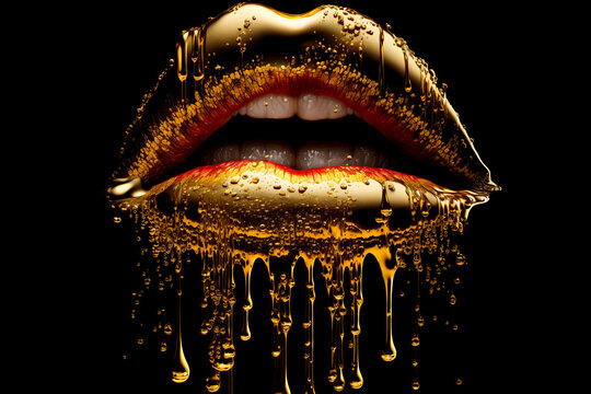 Fototapete - Beautiful golden lips, gold colored lipstick. Perfect lips close-up on a dark background, gold liquid drops.