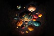 shot of multiple Chinese lanterns, suspended in the air and glowing with psychic energy, against a dark night sky (AI Generated)