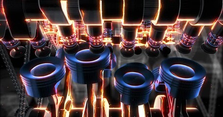 Poster - Close up powerful V8 engine. Moving pistons and crankshaft. Perfect Loop. Industry related 4K 3D animation.