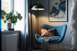 Leinwandbild Motiv Stylish living room with blue lamp and chair. furnishings with a Scandinavian aesthetic. Generative AI