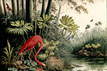 Vintage Wallpaper Of Forest Landscape With Lake, Plants, Trees, Birds, Flamingos, Butterflies And Insects