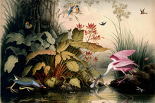Vintage Wallpaper Of Forest Landscape With Lake, Plants, Trees, Birds, Flamingos, Butterflies And Insects