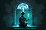 Fototapeta Natura - The boy with the key is sitting in front of the magic door