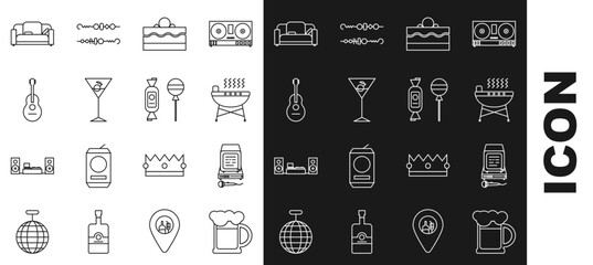 Sticker - Set line Wooden beer mug, Karaoke, Barbecue grill, Cake, Martini glass, Guitar, Sofa and Lollipop icon. Vector