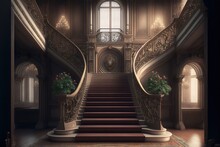 A Staircase With A Planter And A Clock On The Wall Next To It And A Window Above It With A View Of The Stairs And A Window Above It With A Door With A. Generative AI