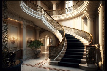 Canvas Print - a staircase in a large building with a chandelier and a plant in the corner of the room on the right side of the staircase is a large potted planter and a.