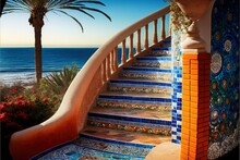 A Staircase With A Tiled Design And A Palm Tree On The Beach In The Background, With A View Of The Ocean And A Palm Tree In The Foreground, With A Blue Sky. AI