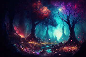 Wall Mural - fantasy landscape with beautiful colorful trees. magic illustration. fairy tale. generative ai
