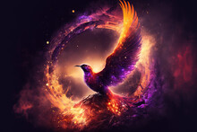 Illustration Of A Celestial Phoenix In Fire. Symbol Of Rebirth. Fenix With Burning Wings And Feathers. Generative AI