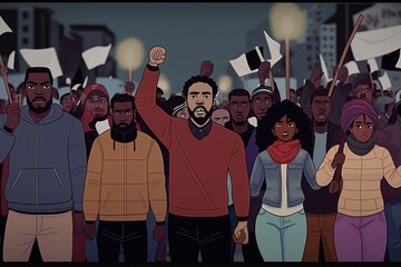 Black History Month celebration, group of people act of activism, protesting crowd of black people, African American people mob in style of cartoon Ai Generated Art