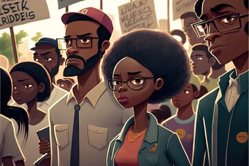 Black History Month celebration, group of people act of activism, protesting crowd of black people, African American people mob in style of cartoon Ai Generated Art