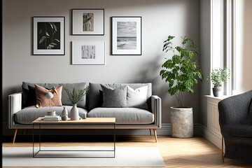 Beautiful and contemporary living room interior composition with a grey design sofa, two poster mockup frames, wooden coffee tables, decorations, and personal accessories. Decor for a loft that is min