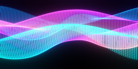 Poster - 3d abstract background of flying neon particles in motion, wavy lines flow big data technology and science theme, 3D dots array flowing in motion, nanotechnology.