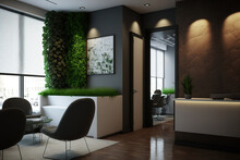 The Contemporary Office's Front Desk Has A Rest Room With Comfortable Seats And Plants. Generative AI