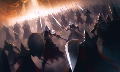 A jubilant army of knights in plate armor with swords and shields responds to the cry of their holy leader, she is a woman with a huge sword and a long cloak hovering in ozduh like an angel. 2d art