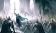 A jubilant army of knights in plate armor with swords and shields responds to the cry of their holy leader, she is a woman with a huge sword and a long cloak hovering in ozduh like an angel. 2d art