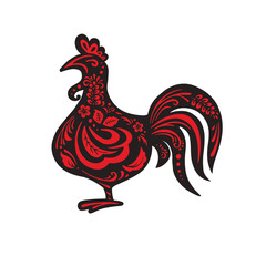 Wall Mural - Black kura rooster with flower painting ethno red color, vector illustration