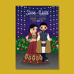 Wall Mural - Cute hindu couple in traditional indian dress cartoon character.Romantic wedding invitation card