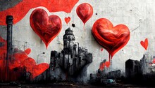 Mural With Red Hearts And City On Grey Grunge Wall, Graffiti Style. Generative AI Technology