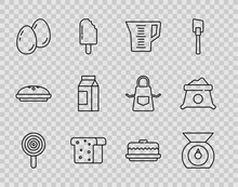 Set Line Lollipop, Scales, Measuring Cup, Bread Toast, Easter Eggs, Paper Package For Milk, Cake And Bag Of Flour Icon. Vector