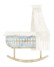 Baby Cradle. Hand Drawn Watercolor Illustration Of Crib For Child. Drawing Of Bassinet For Boy Or Girl In Vintage Retro Style. Sketch On Isolated Background In Pastel Blue And Beige Colors.