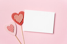 Valentines Day Card Mockup And Hearts On Pink Paper Background