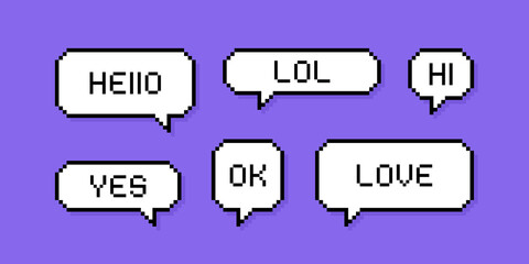 Fototapete - Set different shape pixel speech bubble. Geometric texting dialogue boxes. Colored quote box speech bubble. Modern vector illustration