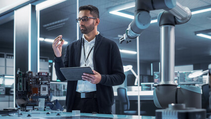 Poster - Portrait of a Young Multiethnic Male Engineer Using Tablet Computer. Interacting with a Robotic Arm Machine, Receiving a Microchip from the Hand. High Tech Industrial Laboratory Facility.