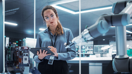 Leinwandbilder - Industrial Robotics Engineer Interacting with Robotic Arm During an Experiment in a High Tech Startup. Female Scientist Uses Tablet Computer to Manipulate and Program the Robot to Move a Microchip.