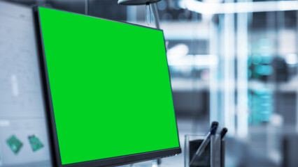 Poster - Close Up of a Computer Monitor Display with Green Screen Chromakey Display Screen. Modern Factory Engineer's Office Concept.