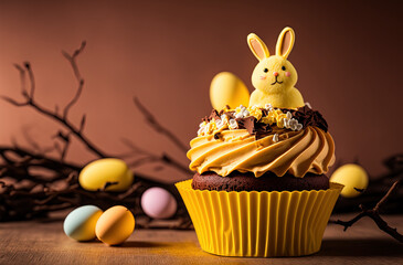 Wall Mural - easter cupcake with yellow bunny and chocolate eggs. Generative AI picture.