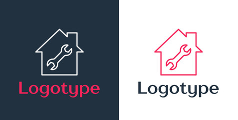 Poster - Logotype line House or home with wrench icon isolated on white background. Adjusting, service, setting, maintenance, repair, fixing. Logo design template element. Vector