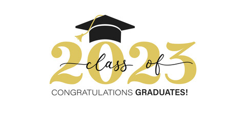 Class of 2023. Congratulation graduates flat style design template. Graduation ceremony Vector illustration