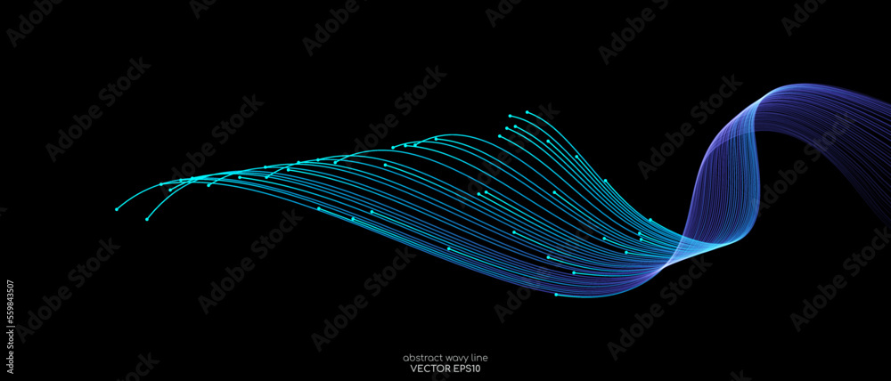 Vector abstract light lines wavy flowing dynamic in blue green colors ...